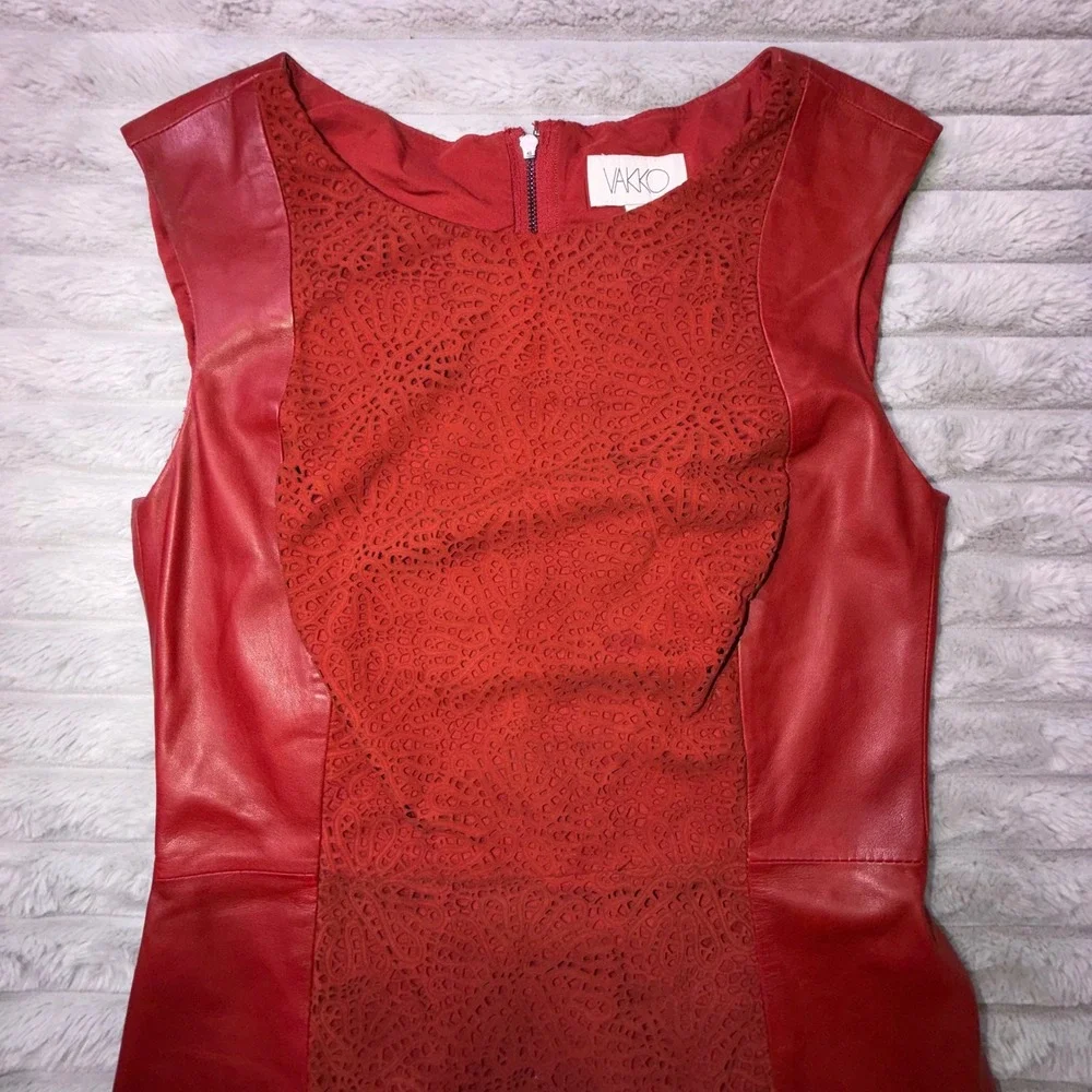 Vakko Women's 2 Red Leather Laser Cut Lace Front Sheath Dress Sleeveless 90s